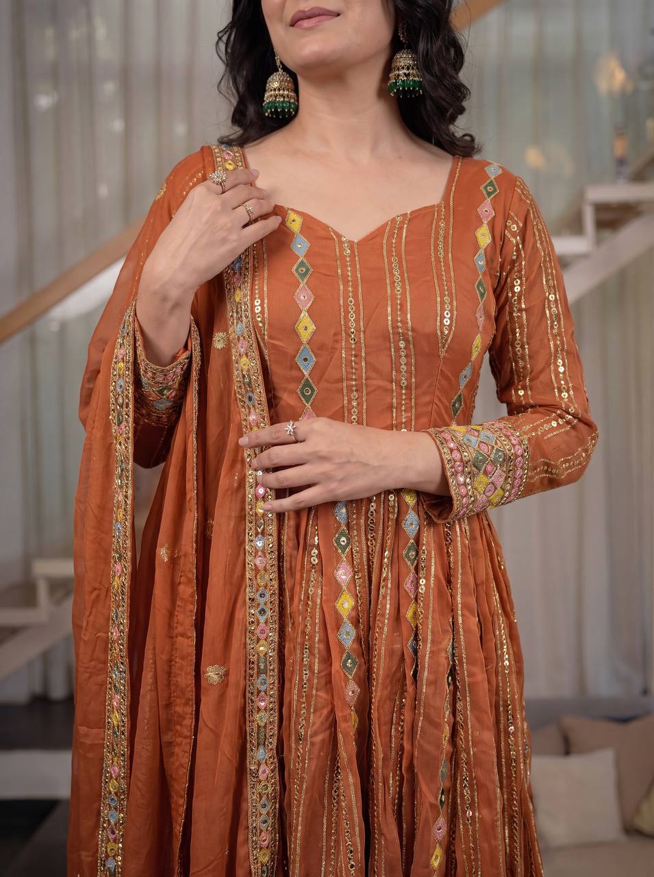 Rust Orange Heavy Georgette Sequins Embroidered Anarkali Suit with Pant & Dupatta | Designer Festive Wear