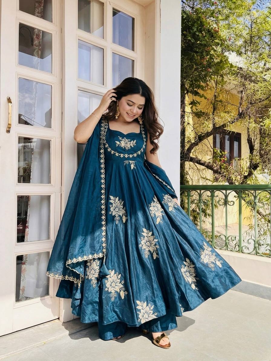 Fendy Silk Gown Sharara Set Embroidery Party Wear