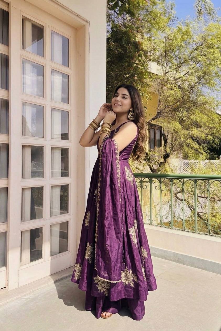 Fendy Silk Gown Sharara Set Embroidery Party Wear