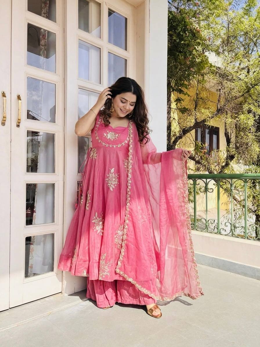 Fendy Silk Gown Sharara Set Embroidery Party Wear