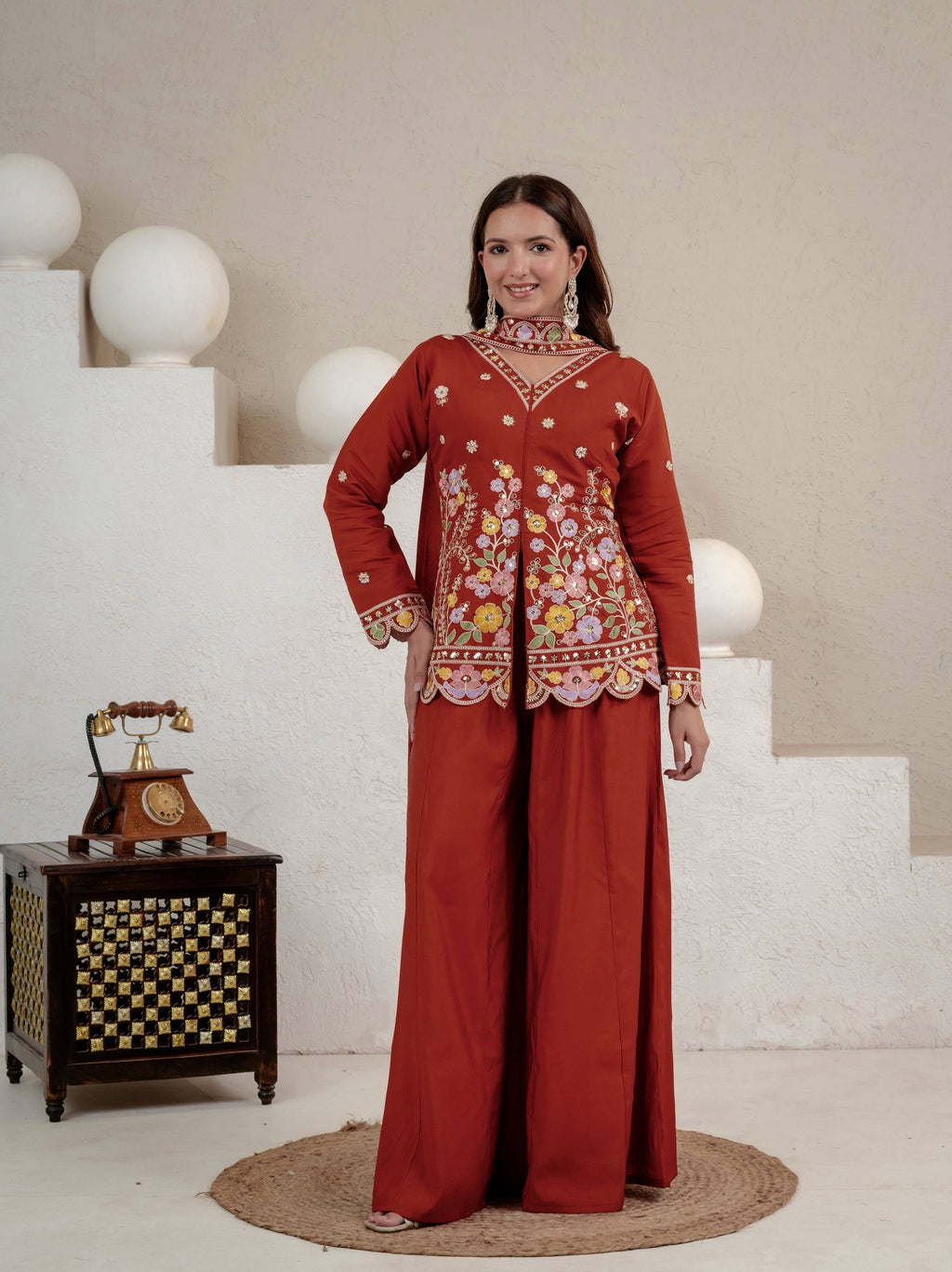 Rust Roman Silk Sharara Suit Set with Dupatta | Party Wear for Women