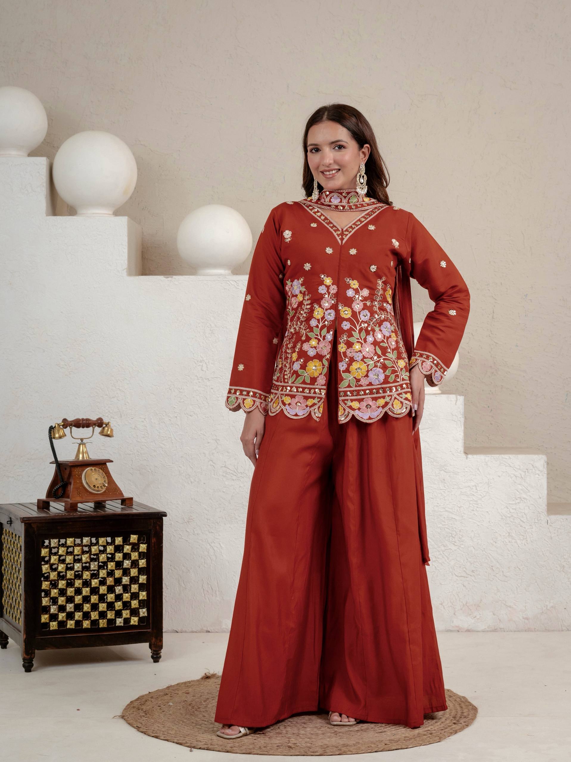 Rust Roman Silk Sharara Suit Set with Dupatta | Party Wear for Women