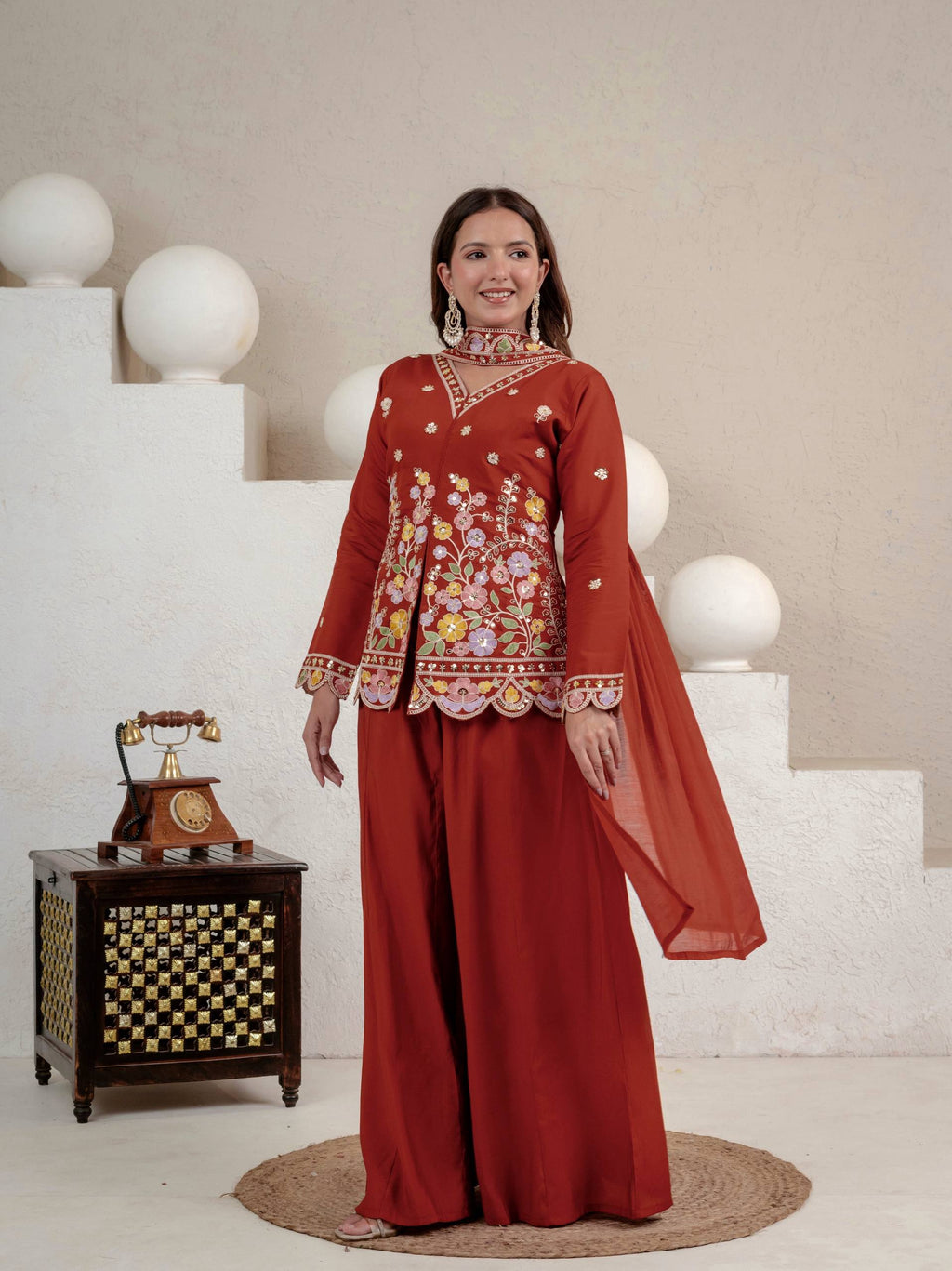 Rust Roman Silk Sharara Suit Set with Dupatta | Party Wear for Women