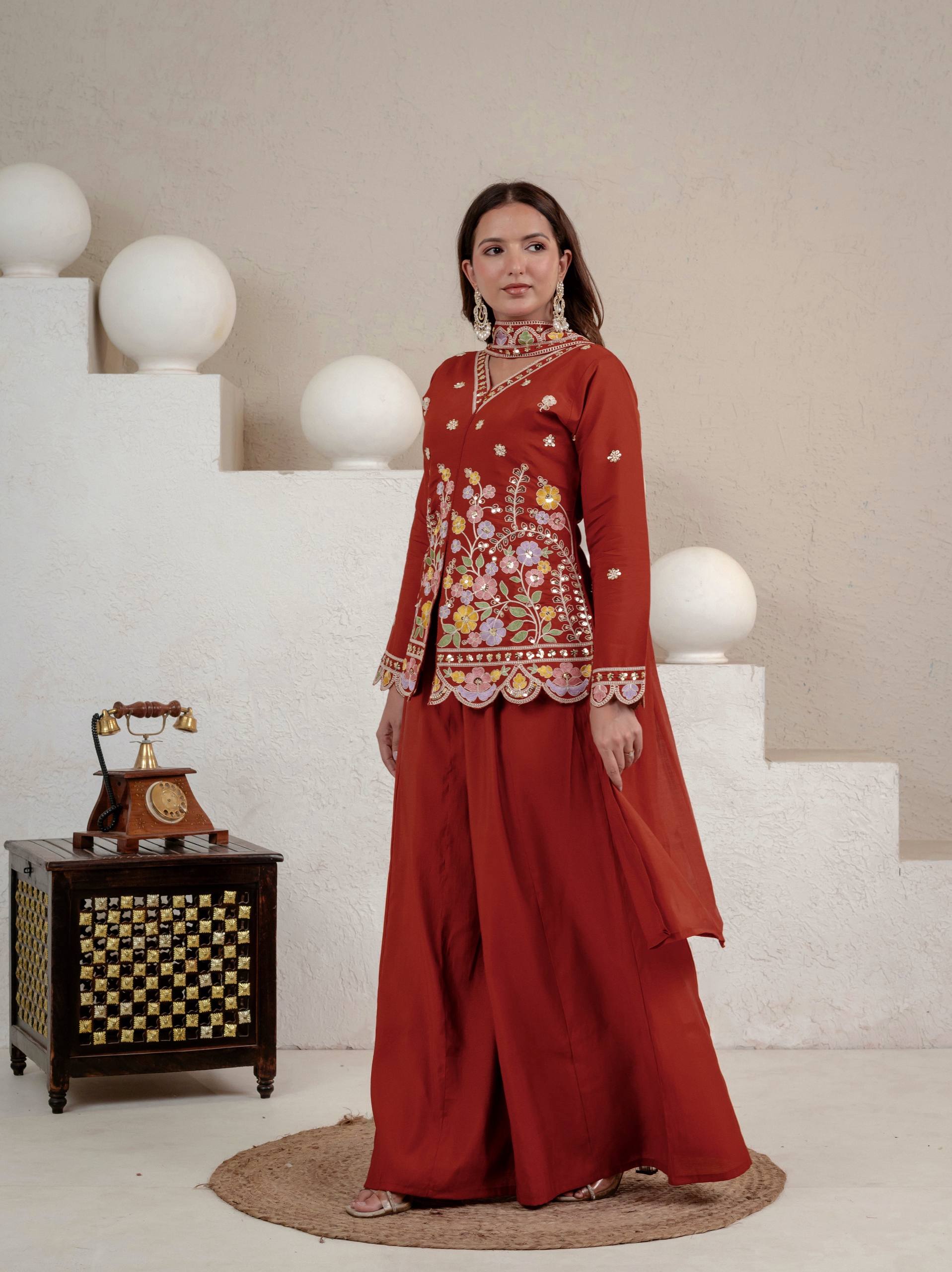 Rust Roman Silk Sharara Suit Set with Dupatta | Party Wear for Women