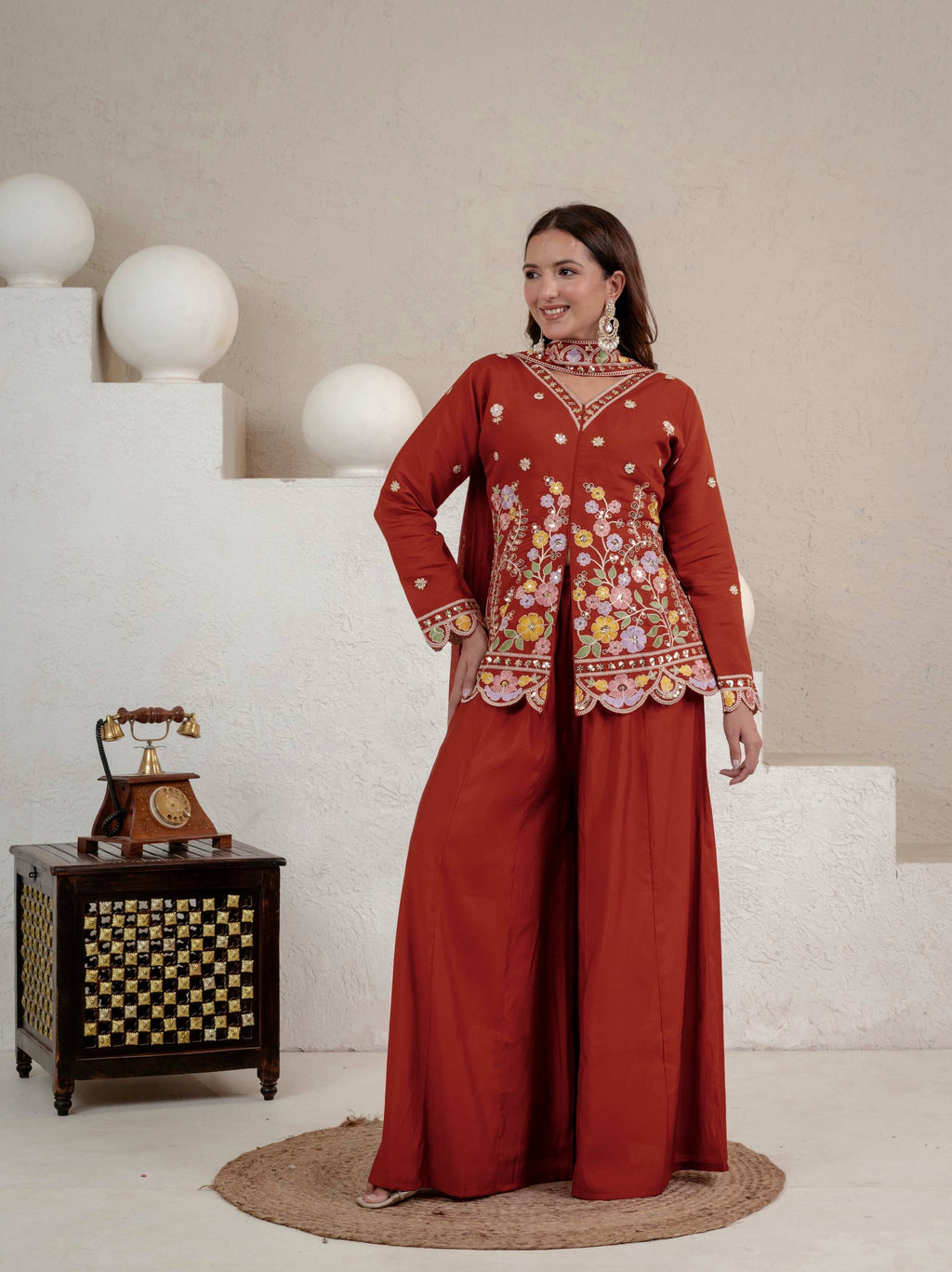 Rust Roman Silk Sharara Suit Set with Dupatta | Party Wear for Women