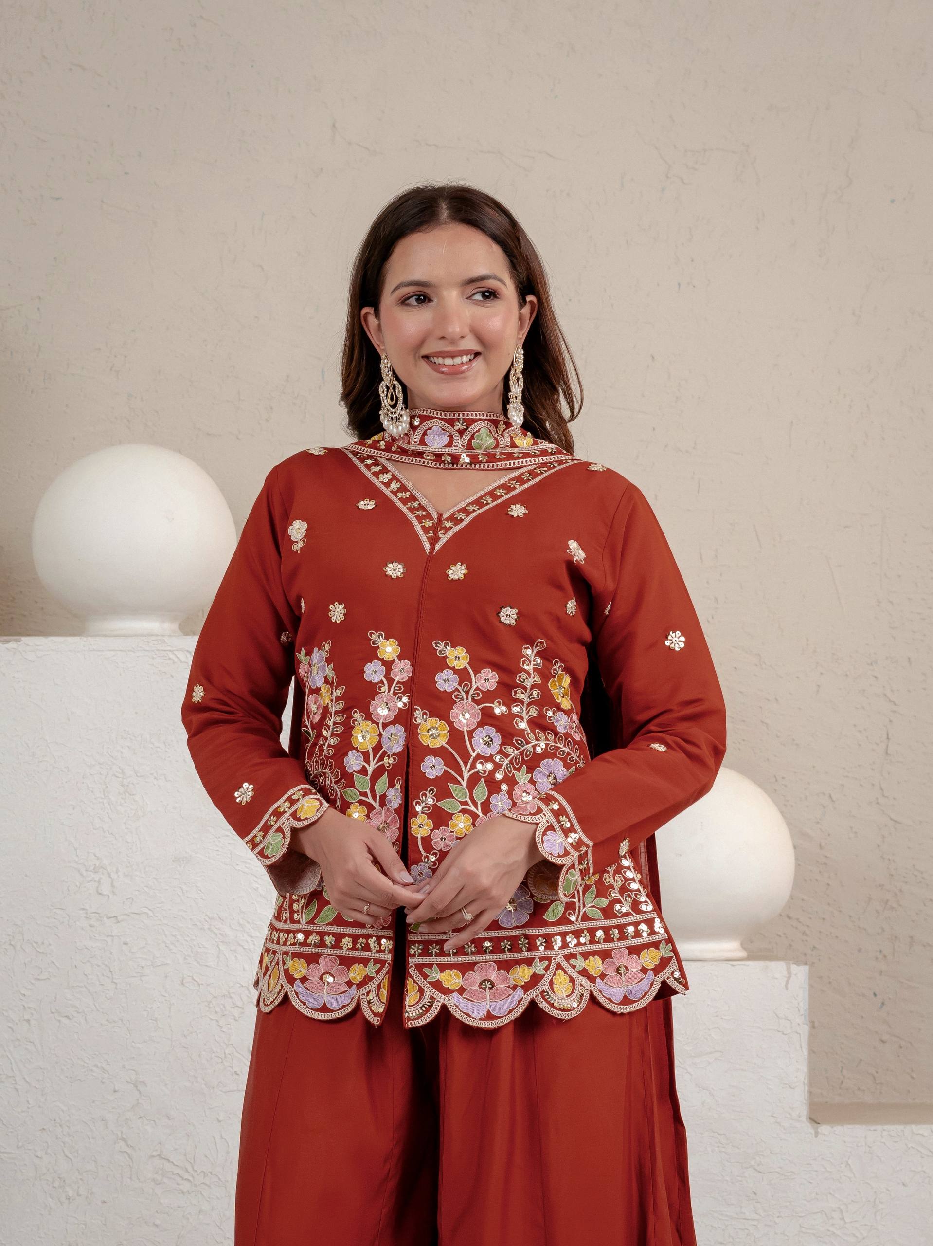 Rust Roman Silk Sharara Suit Set with Dupatta | Party Wear for Women
