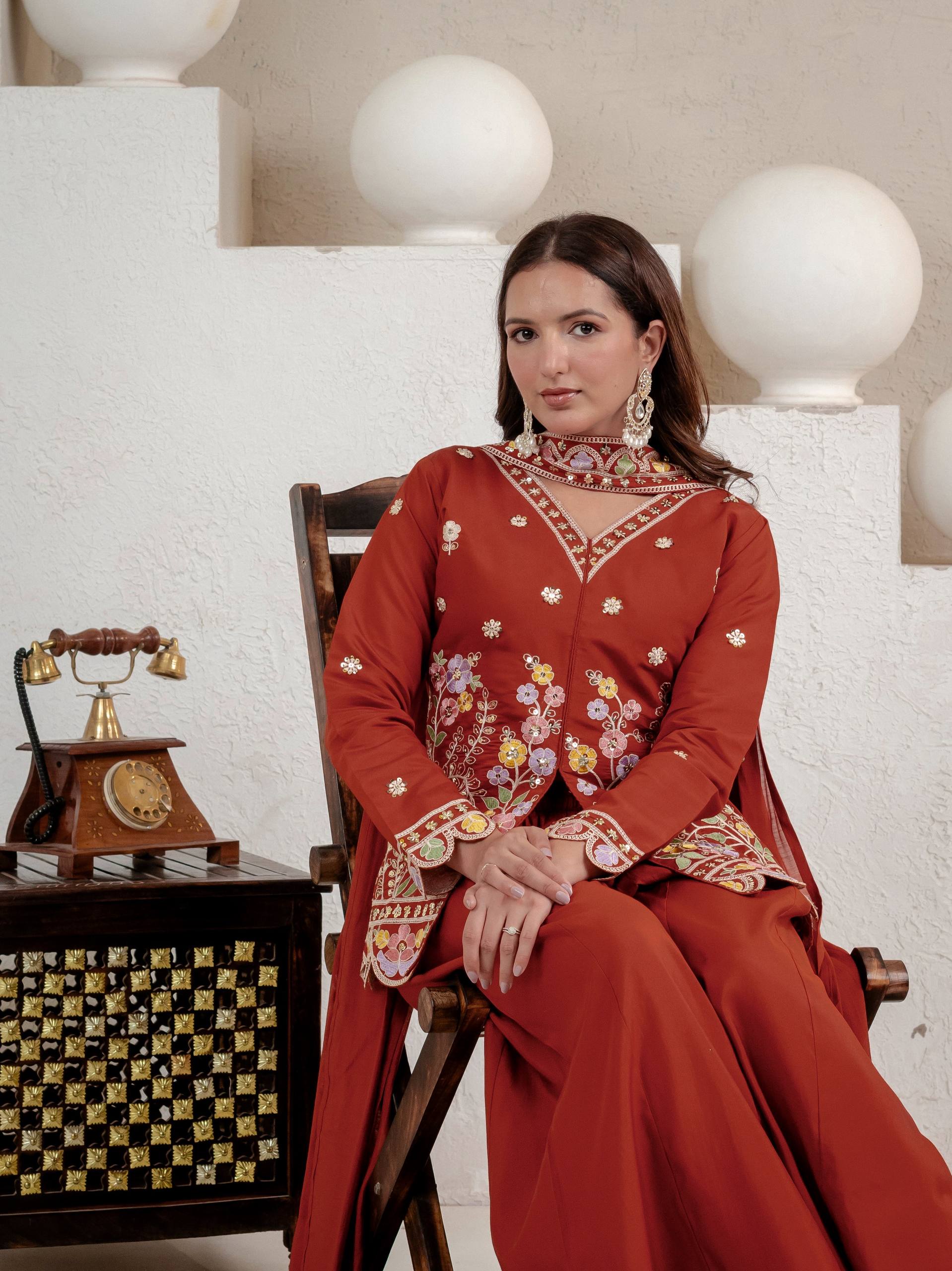 Rust Roman Silk Sharara Suit Set with Dupatta | Party Wear for Women