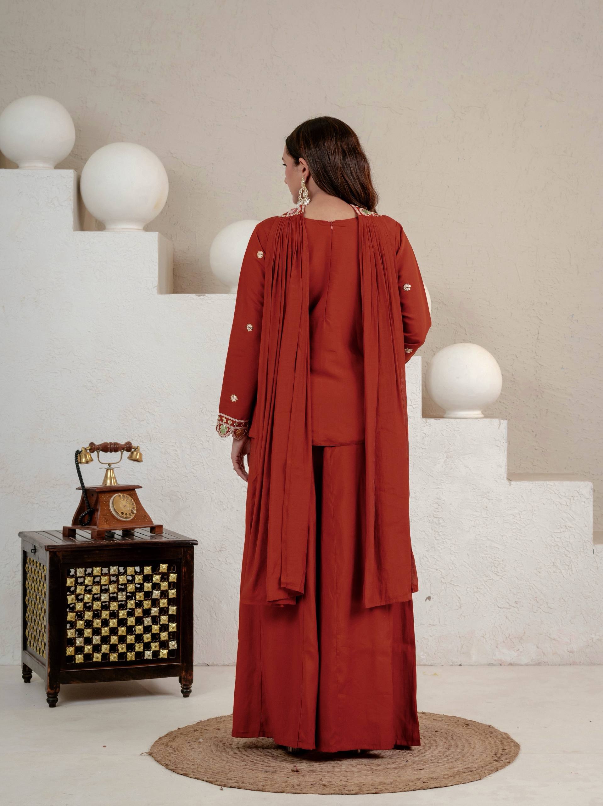 Rust Roman Silk Sharara Suit Set with Dupatta | Party Wear for Women
