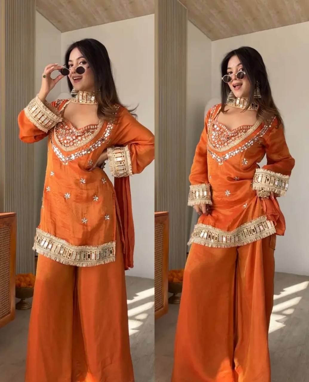 Royal Orange Mirror Work Sharara Set For Women