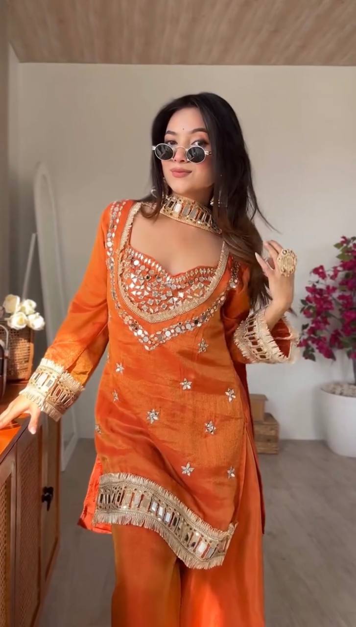 Royal Orange Mirror Work Sharara Set For Women