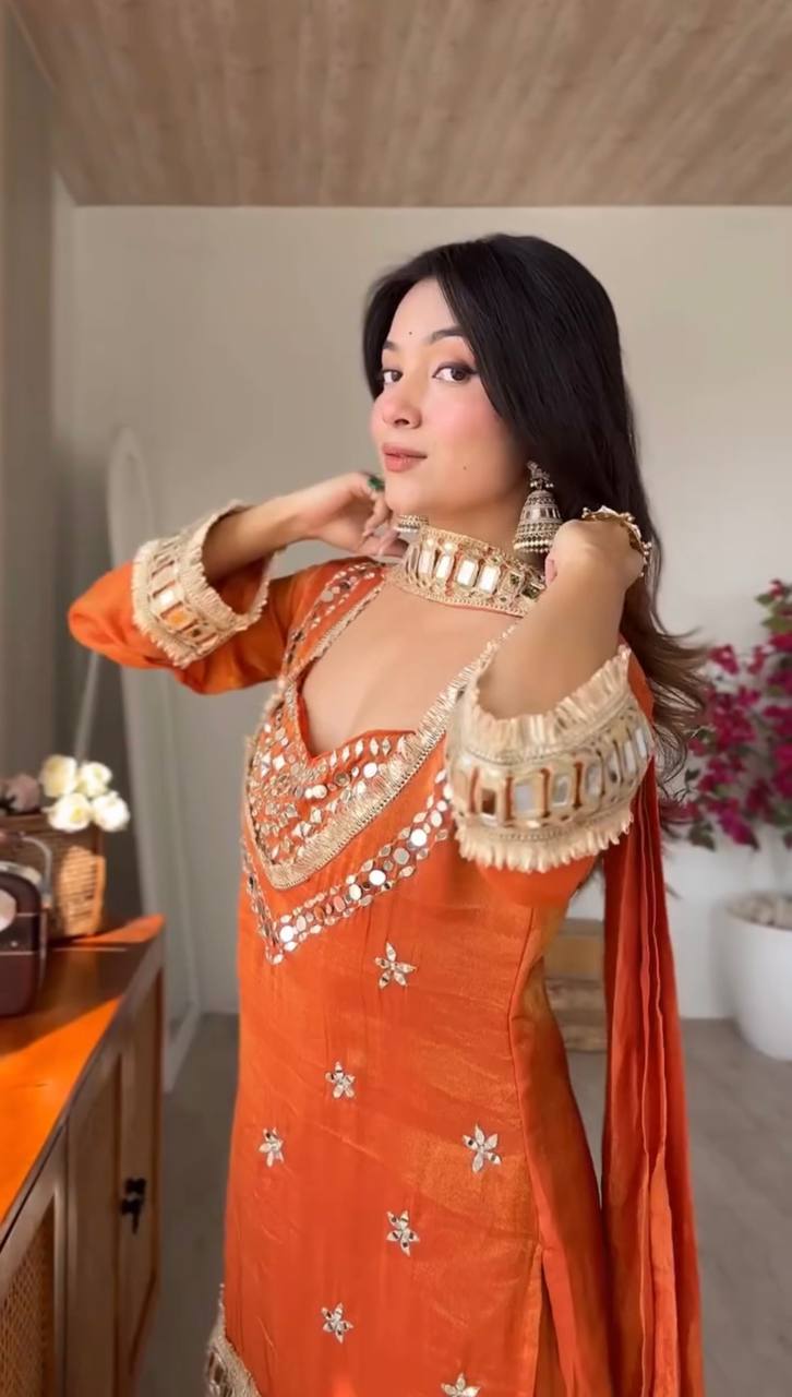 Royal Orange Mirror Work Sharara Set For Women