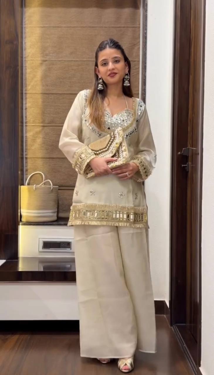 Royal Orange Mirror Work Sharara Set For Women