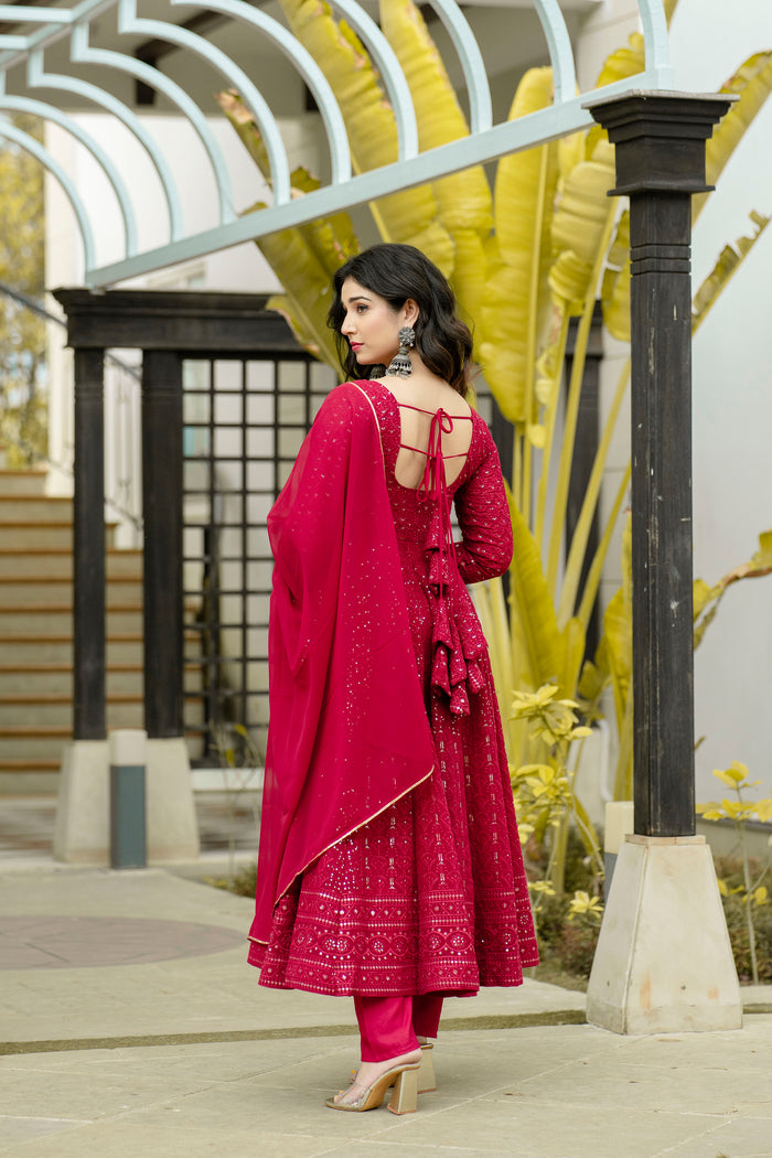 Georgette Embroidered Red Anarkali Suit For Women With Dupatta