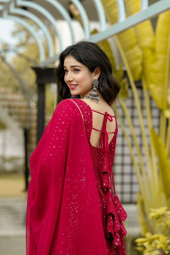 Georgette Embroidered Red Anarkali Suit For Women With Dupatta