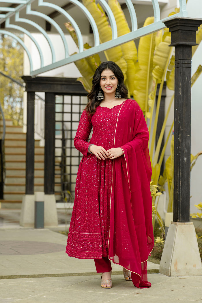 Georgette Embroidered Red Anarkali Suit For Women With Dupatta
