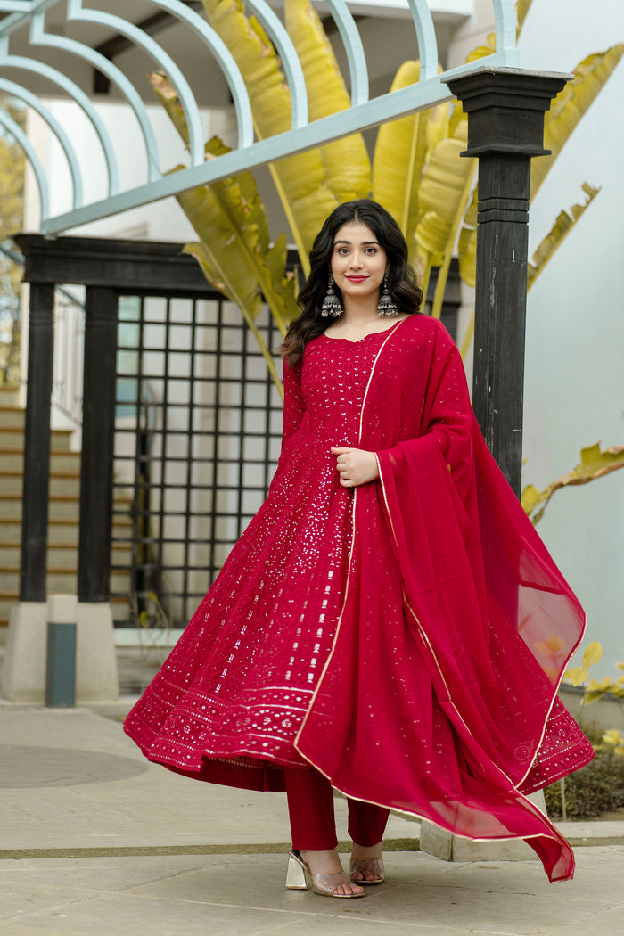 Georgette Embroidered Red Anarkali Suit For Women With Dupatta