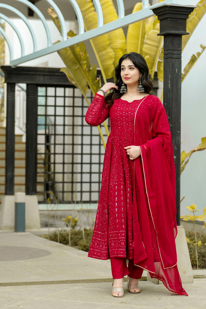 Georgette Embroidered Red Anarkali Suit For Women With Dupatta