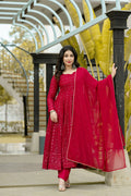Georgette Embroidered Red Anarkali Suit For Women With Dupatta