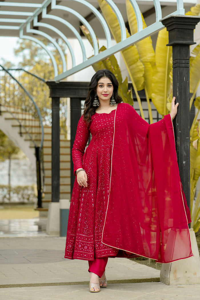 Georgette Embroidered Red Anarkali Suit For Women With Dupatta