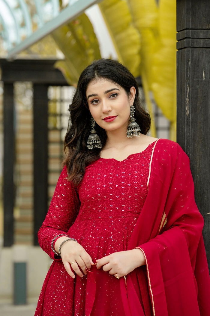 Georgette Embroidered Red Anarkali Suit For Women With Dupatta
