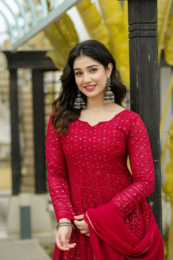Georgette Embroidered Red Anarkali Suit For Women With Dupatta