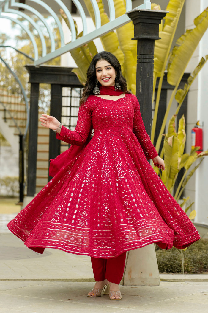 Georgette Embroidered Red Anarkali Suit For Women With Dupatta