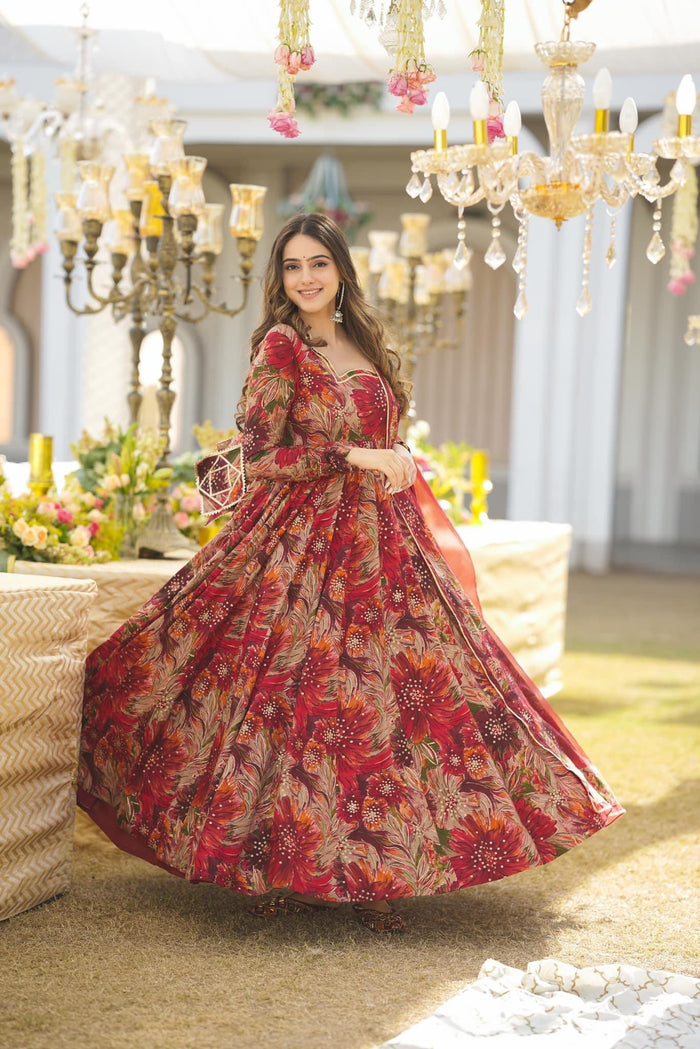 Red Multi Color Anarkali Suit For Women With Dupatta