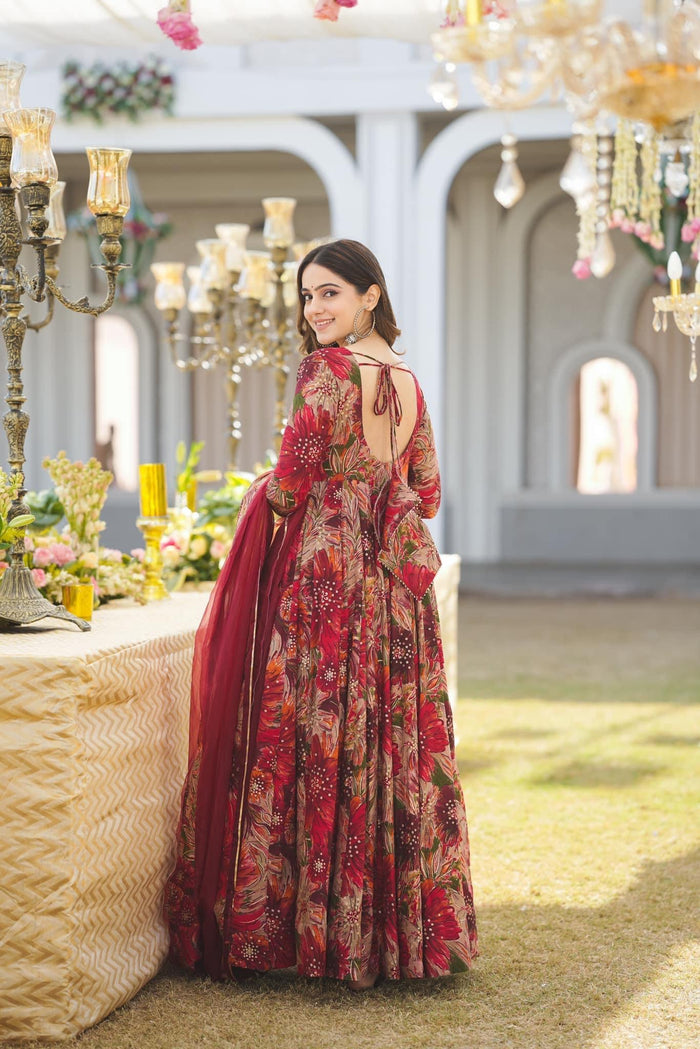 Red Multi Color Anarkali Suit For Women With Dupatta