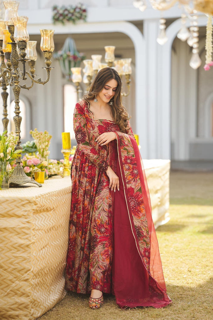 Red Multi Color Anarkali Suit For Women With Dupatta