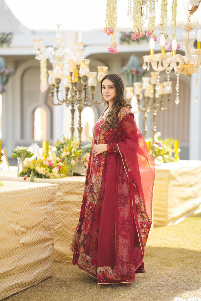 Red Multi Color Anarkali Suit For Women With Dupatta