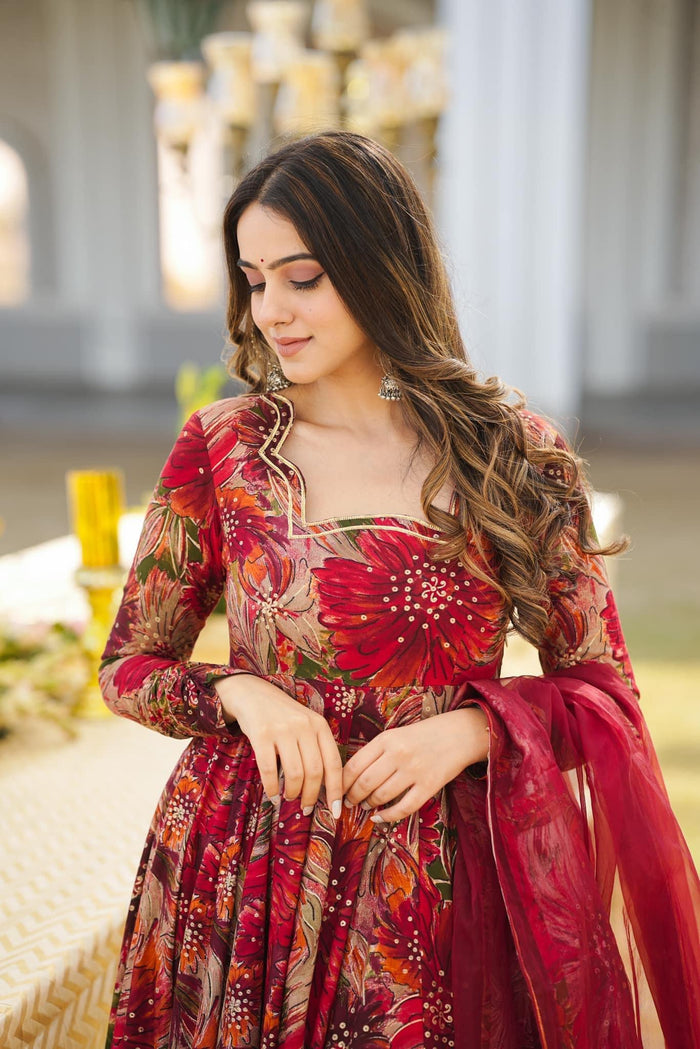 Red Multi Color Anarkali Suit For Women With Dupatta