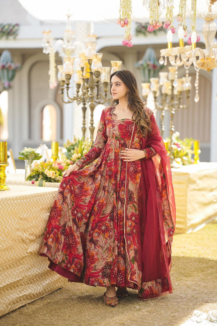 Red Multi Color Anarkali Suit For Women With Dupatta
