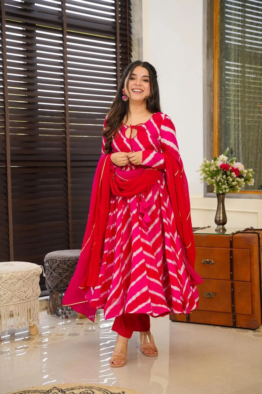 Pink leheriya organza Anarkali suit For Women