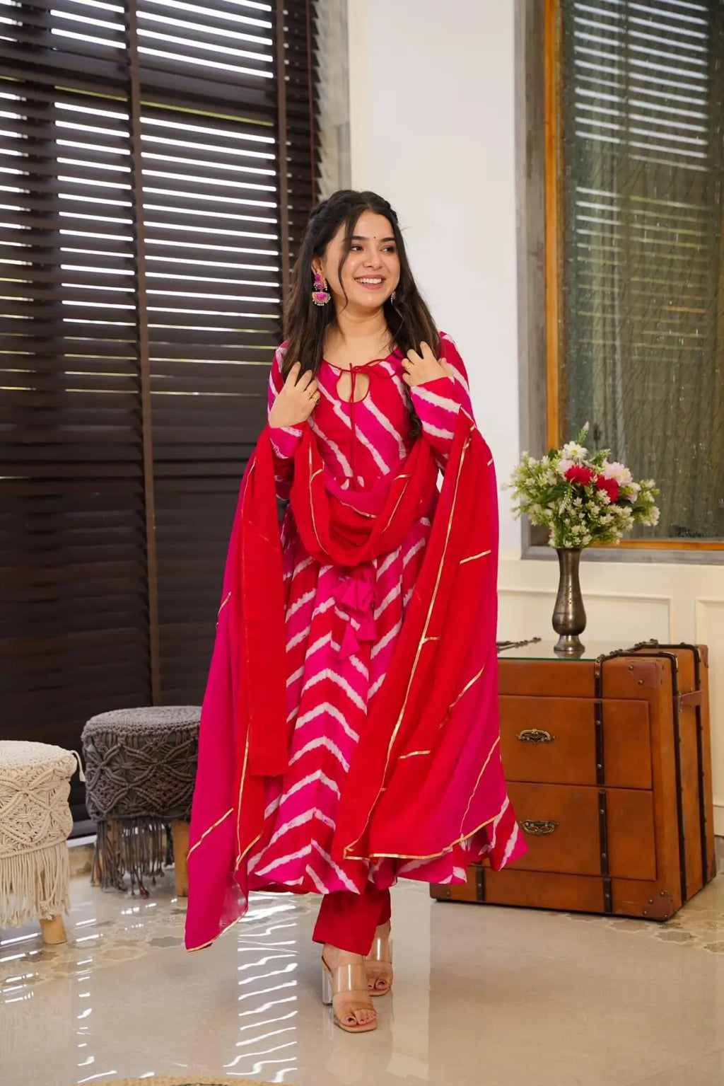 Pink leheriya organza Anarkali suit For Women