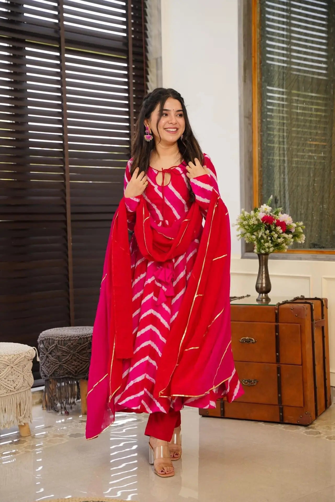 Pink leheriya organza Anarkali suit For Women