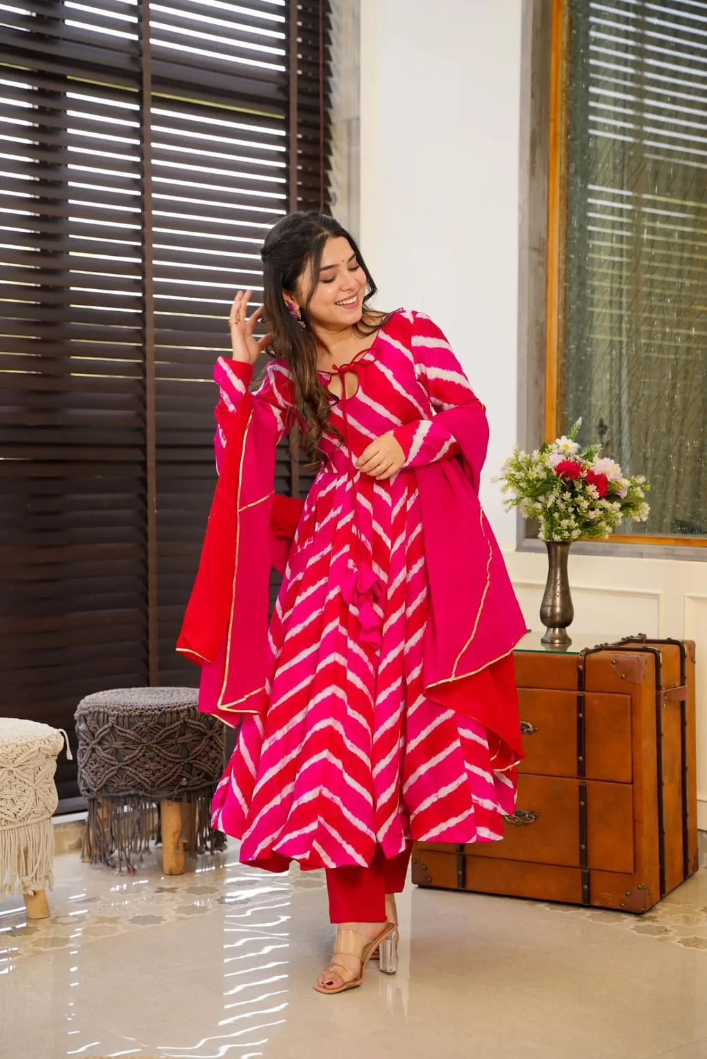Pink leheriya organza Anarkali suit For Women