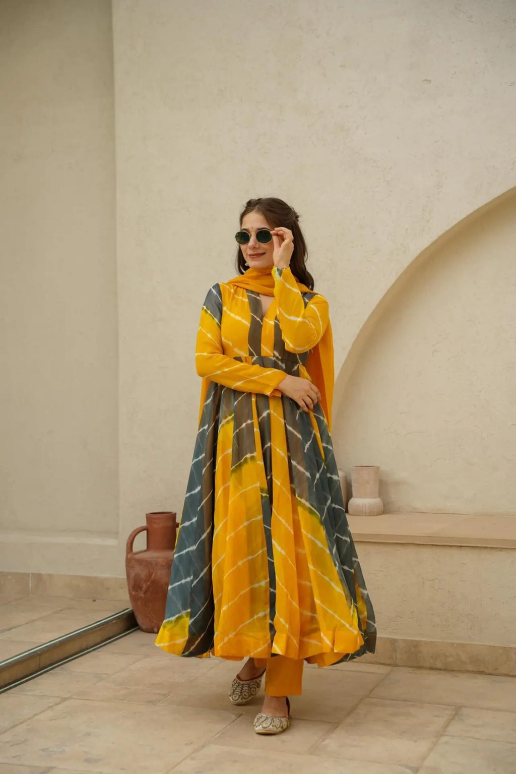 Mustard & Black Color Organza Anarkali Suit For Women