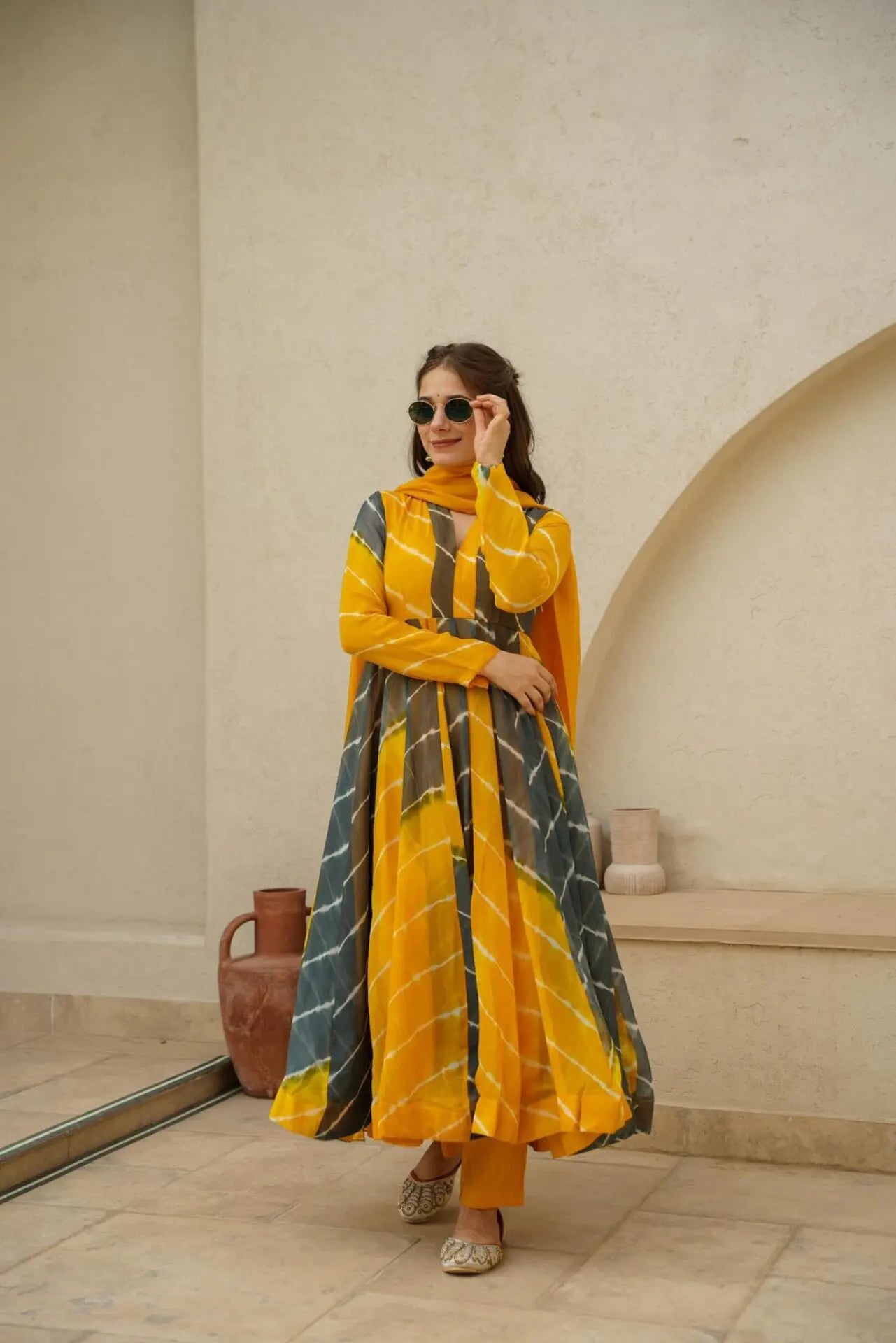 Mustard & Black Color Organza Anarkali Suit For Women