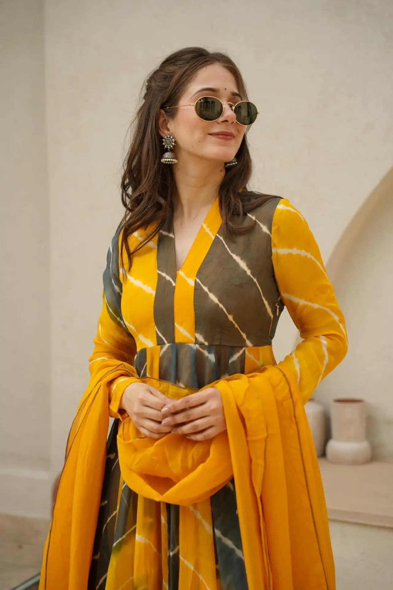 Mustard & Black Color Organza Anarkali Suit For Women