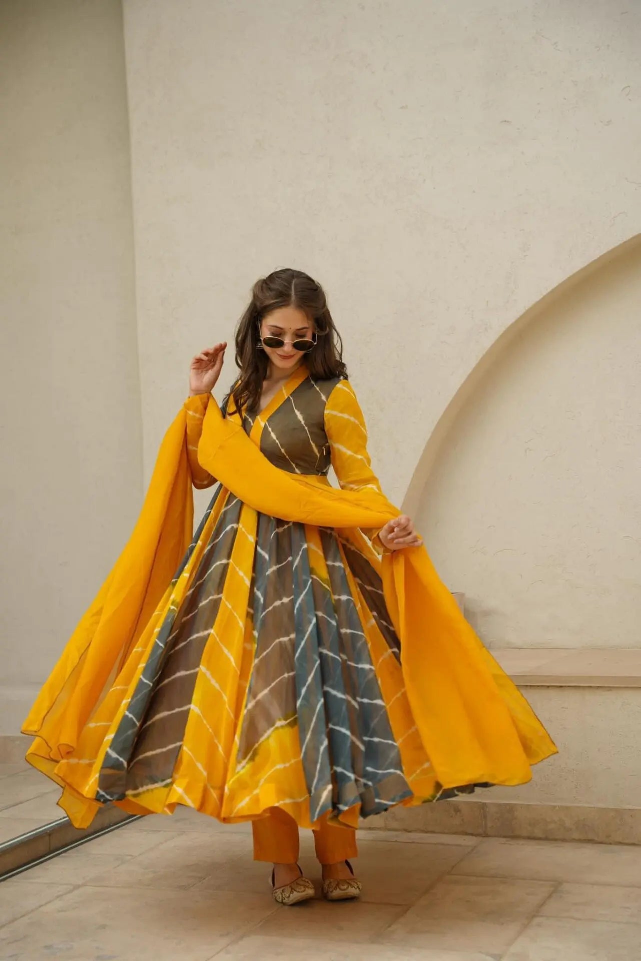 Mustard & Black Color Organza Anarkali Suit For Women