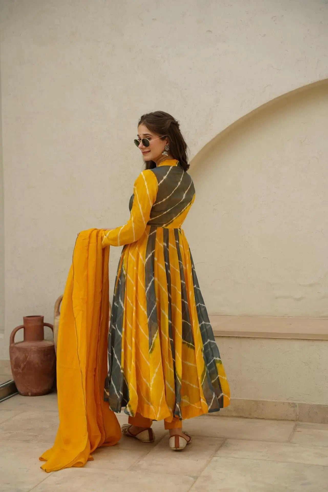 Mustard & Black Color Organza Anarkali Suit For Women
