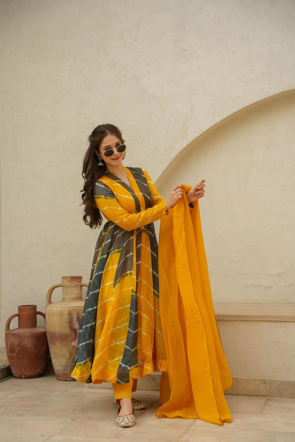 Mustard & Black Color Organza Anarkali Suit For Women