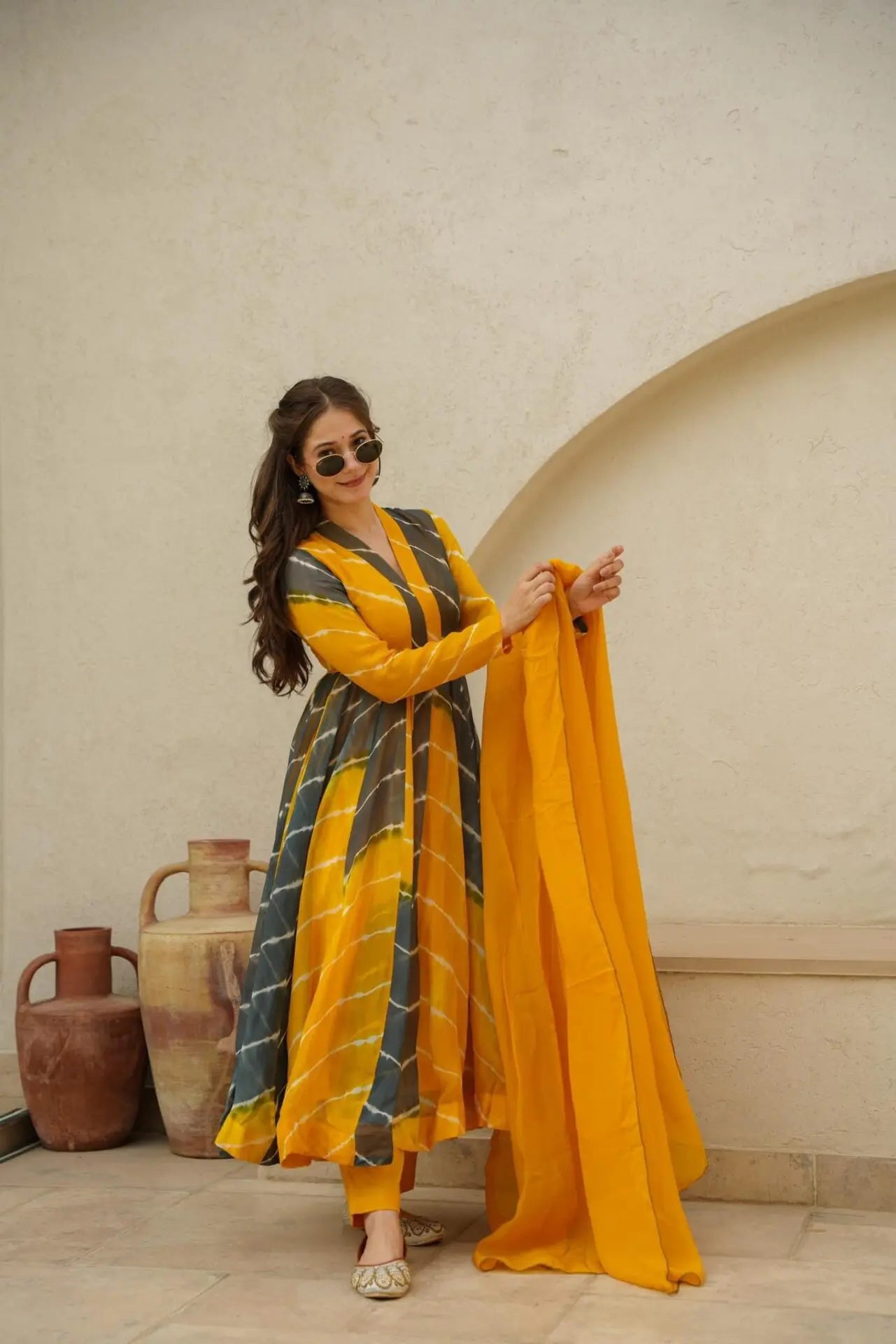 Mustard & Black Color Organza Anarkali Suit For Women