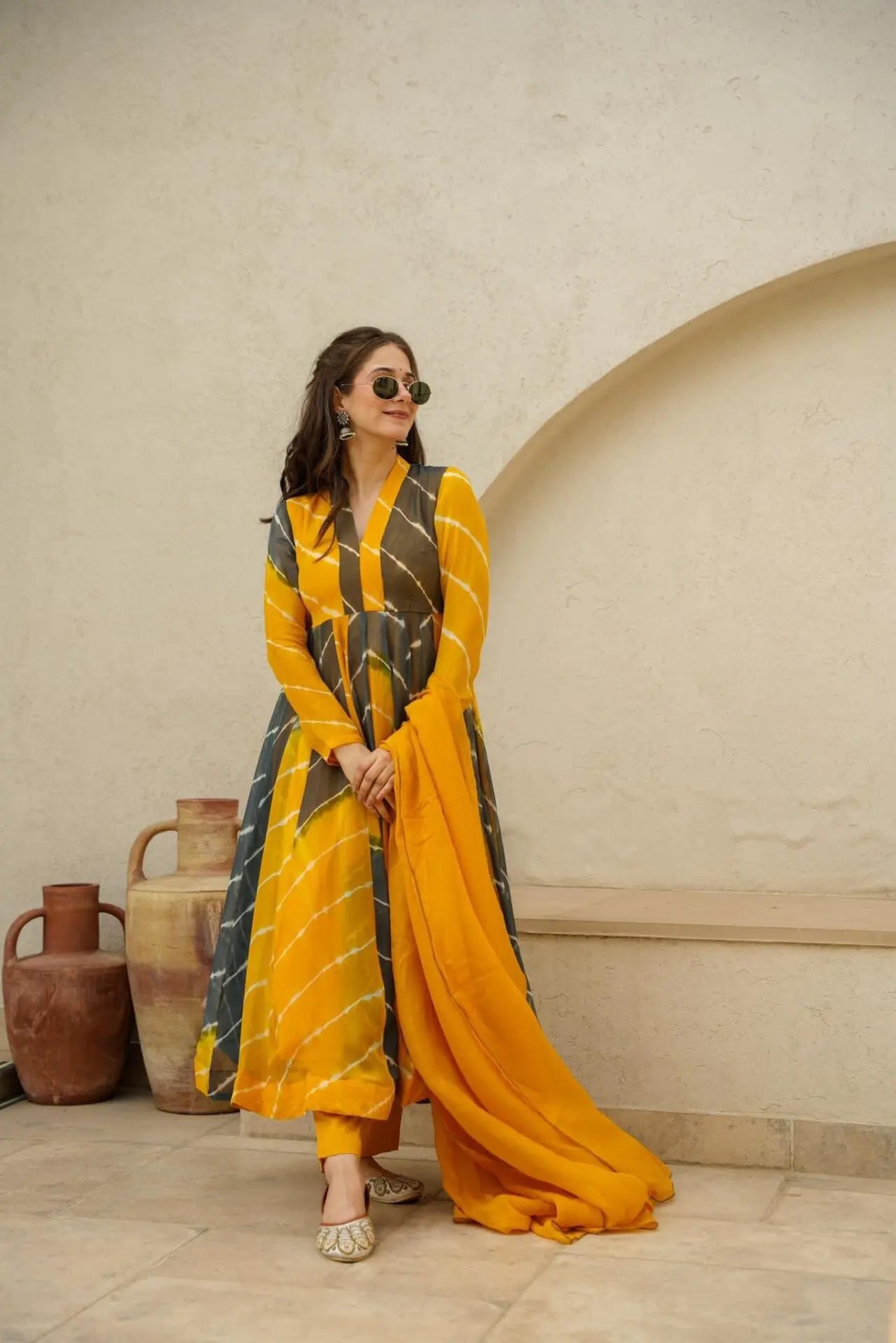 Mustard & Black Color Organza Anarkali Suit For Women