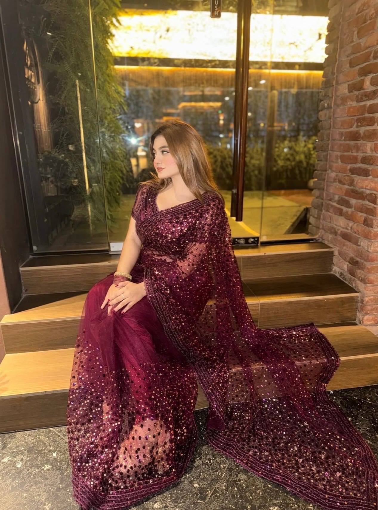 Wine Sequins Embroidered Net Saree for Women | Party & Wedding Wear