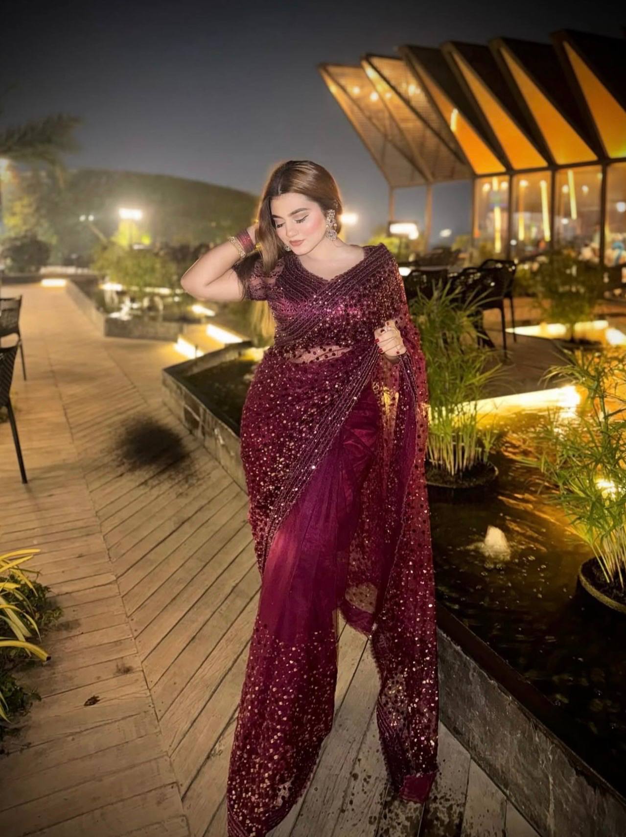 Wine Sequins Embroidered Net Saree for Women | Party & Wedding Wear