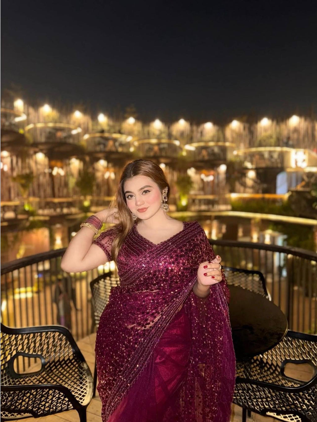 Wine Sequins Embroidered Net Saree for Women | Party & Wedding Wear