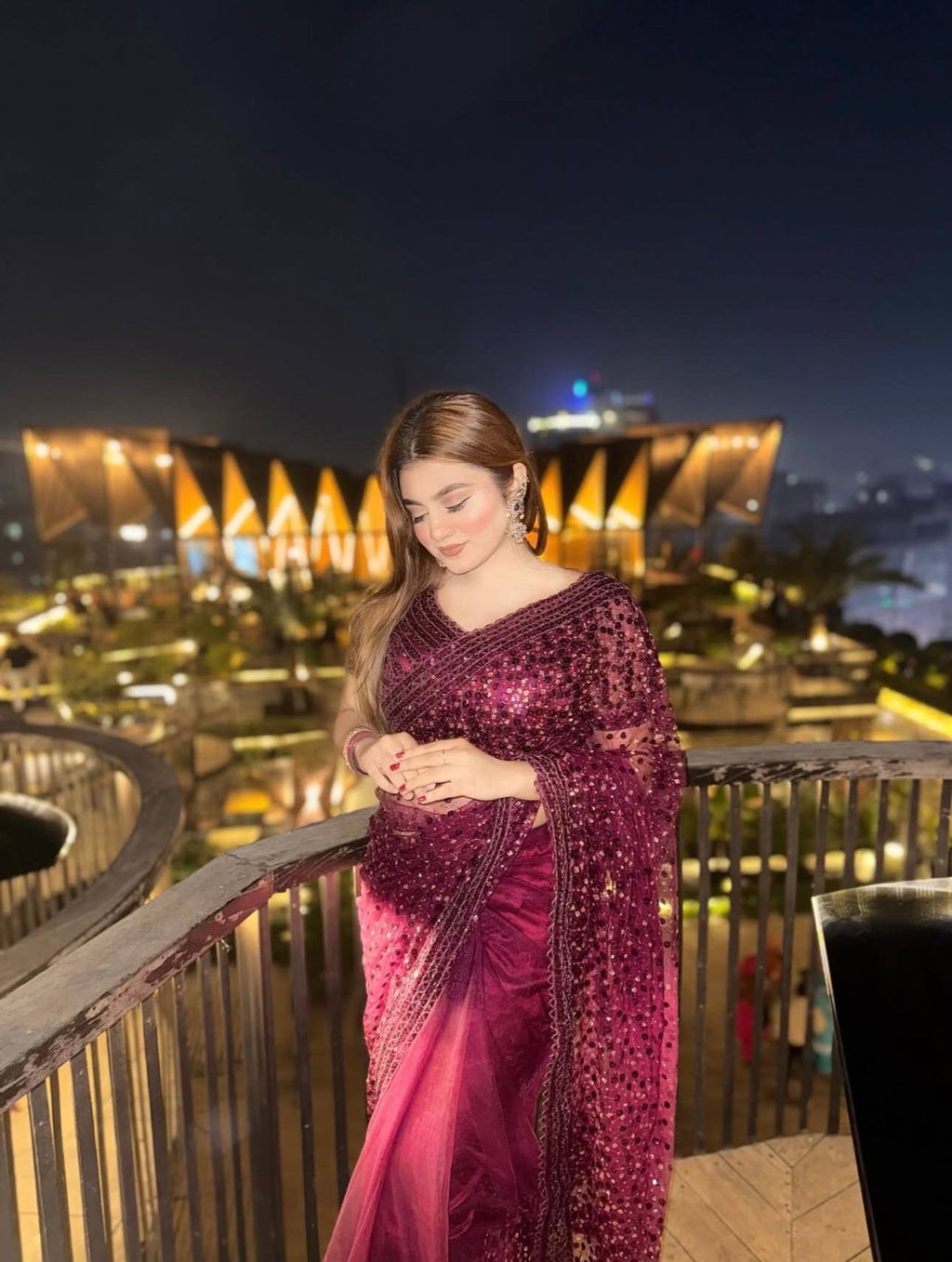 Wine Sequins Embroidered Net Saree for Women | Party & Wedding Wear