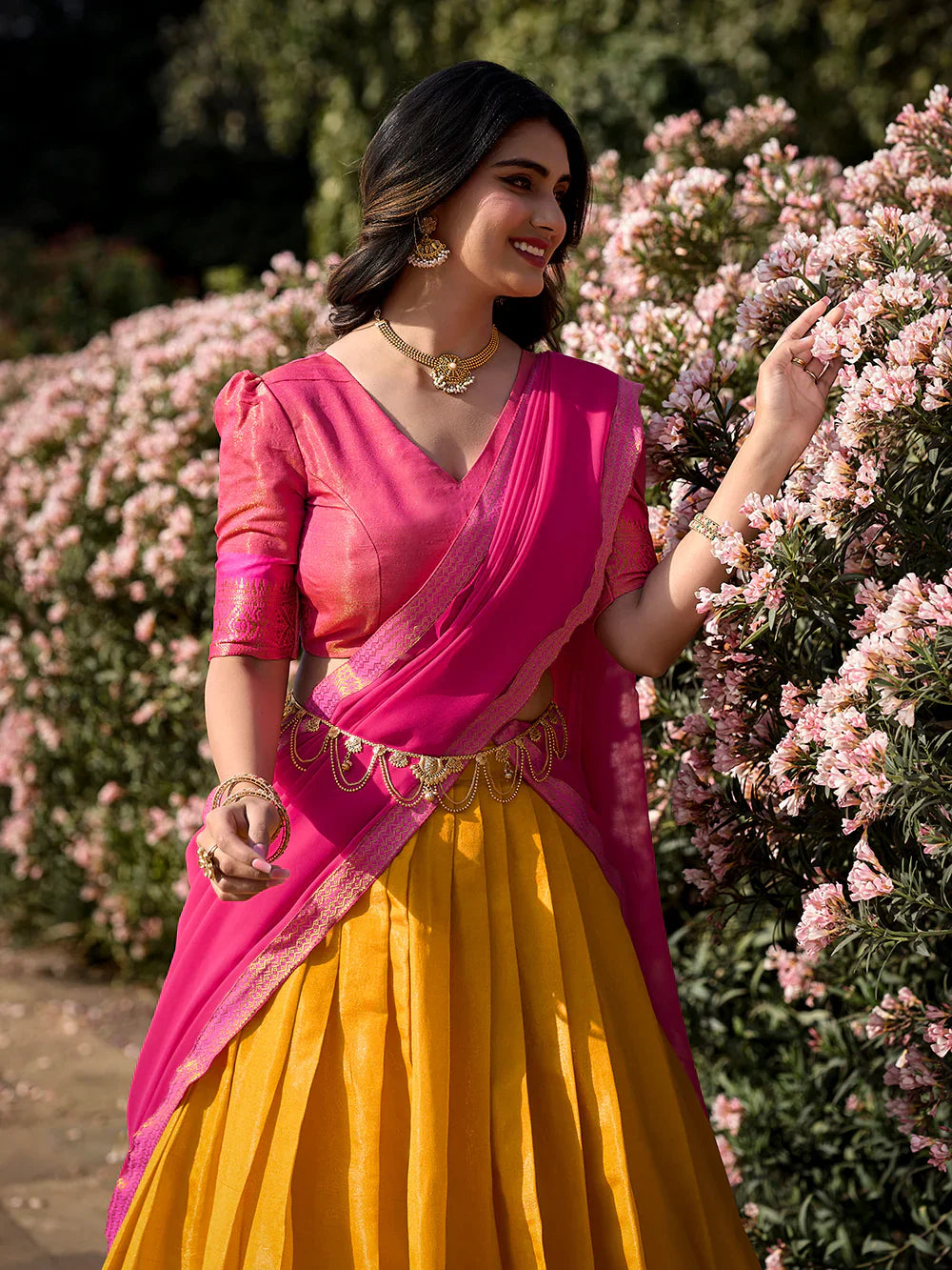 Mehndi Wear Mustard Color Zari Weaving Work Kanchipuram South Indian Lehenga Choli