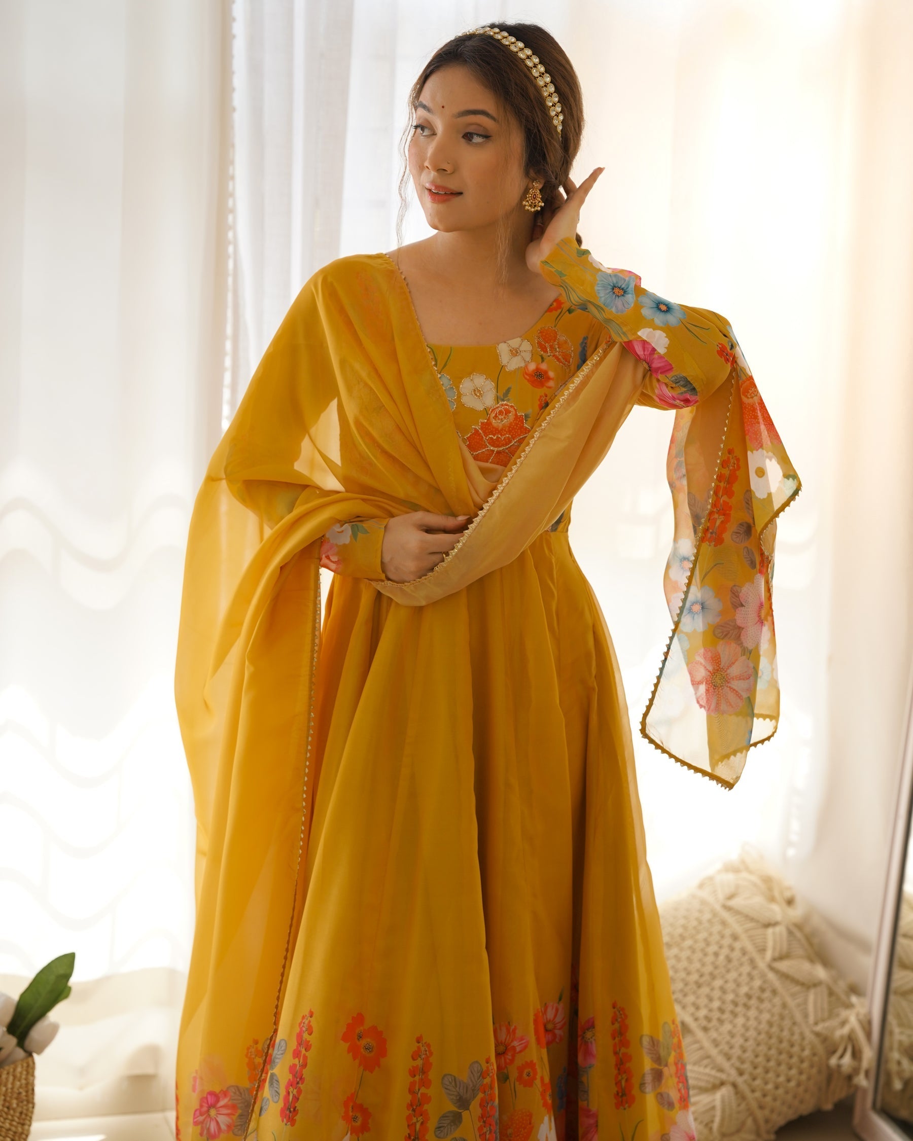 Yellow Color Floral Print Organza Three Piece Anarkali Suit For Women